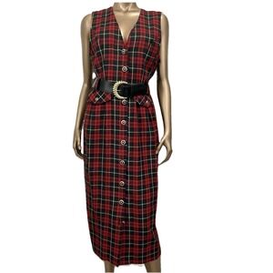 VTG Y2K 90s Red Tartan Plaid Sleeveless Midi Dress Button Up Belted Old Money 8
